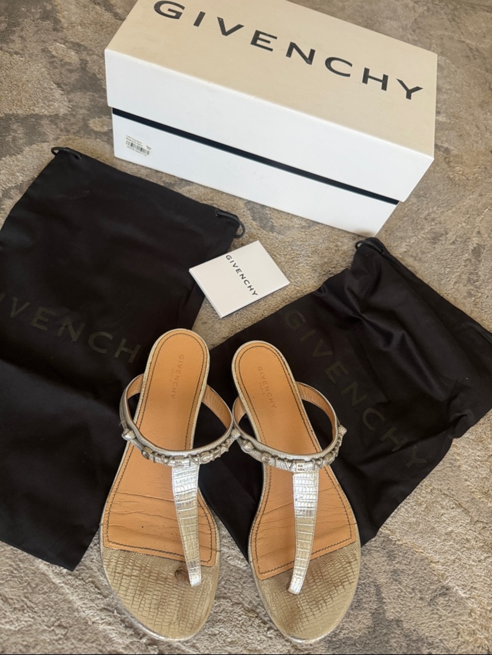 Givenchy Silver Croc-Embossed Thong Sandals with Crystal Trim - Picture 1 of 6